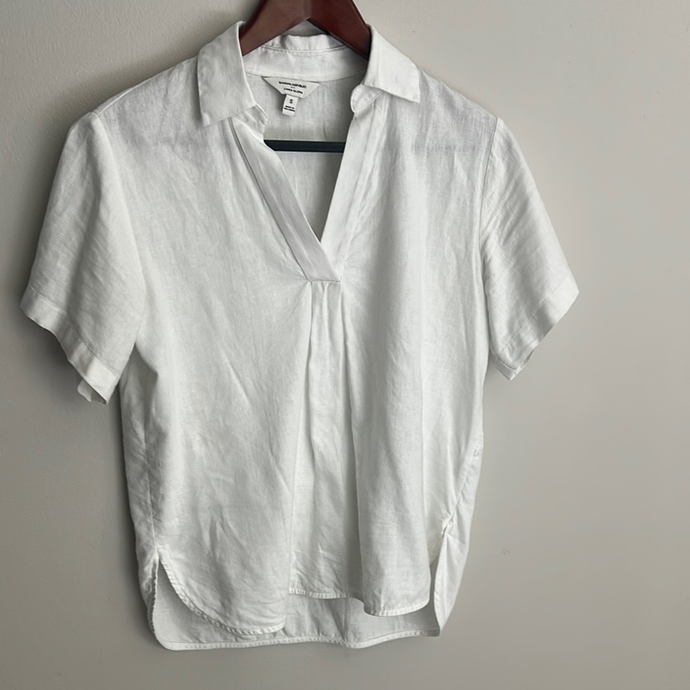 Banana Repubkic Factory White Linen Blend Short Sleeve Blouse